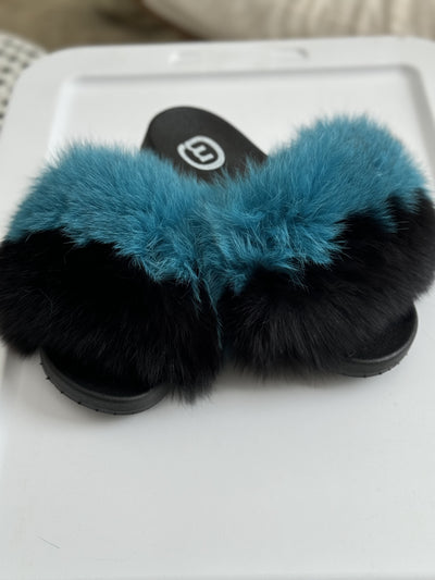Fox Fur Slides l Aqua & Black - Panther (Vertical Stripe)